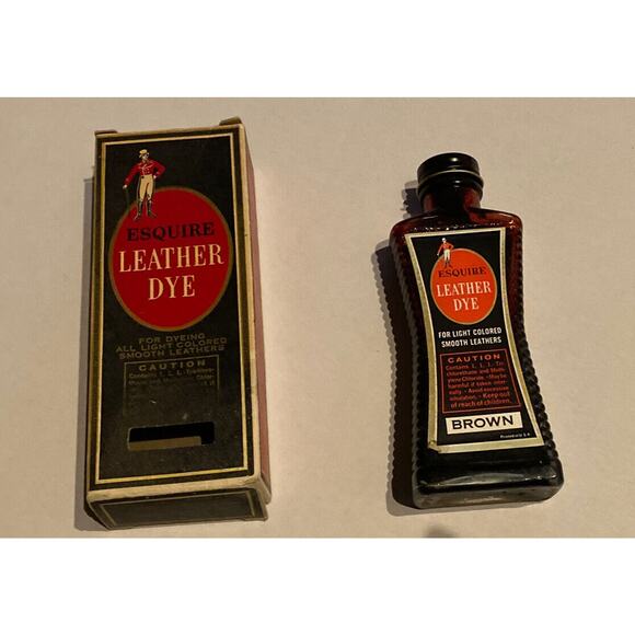 Leather Shoe Dye Other - Esquire Brown Leather Dye Semi Full Bottle and Box VTG 1940 - 1950 (?) Shoe